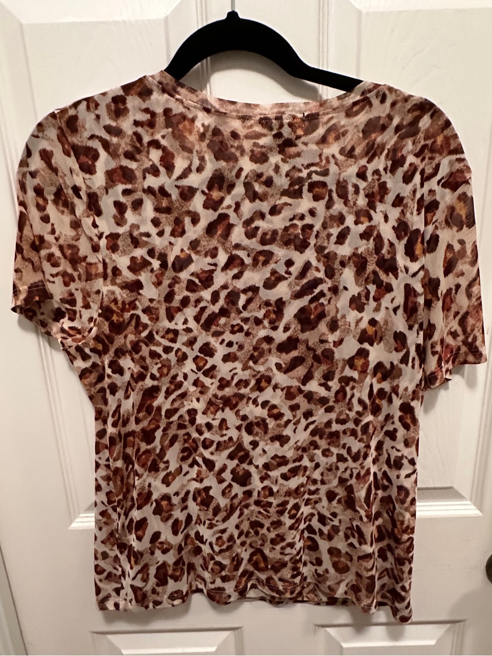Halogen Leopard Print Short-Sleeve Top in Brown and Tan. Partially see through - Picture 2 of 3